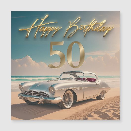  sportwagen op een tropisch strand Happy 50th (Voorkant)