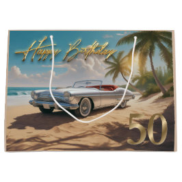  sportwagen op een tropisch strand Happy 50th Groot Cadeauzakje