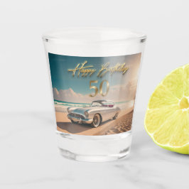  sportwagen op een tropisch strand Happy 50th Shot Glas