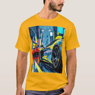 Sportwagen racen 's nachts door een neonstad t-shirt