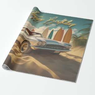  sportwagen tropisch strand Happy birthday Cadeaupapier