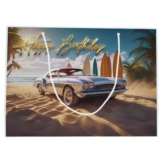  sportwagen tropisch strand Happy birthday Groot Cadeauzakje (Achterkant)