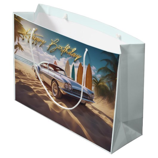  sportwagen tropisch strand Happy birthday Groot Cadeauzakje (Achterkant Gekanteld)