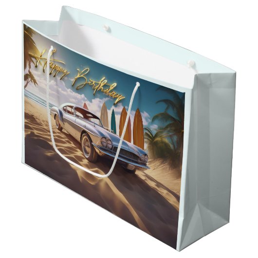 sportwagen tropisch strand Happy birthday Groot Cadeauzakje (Voorkant Gekanteld)