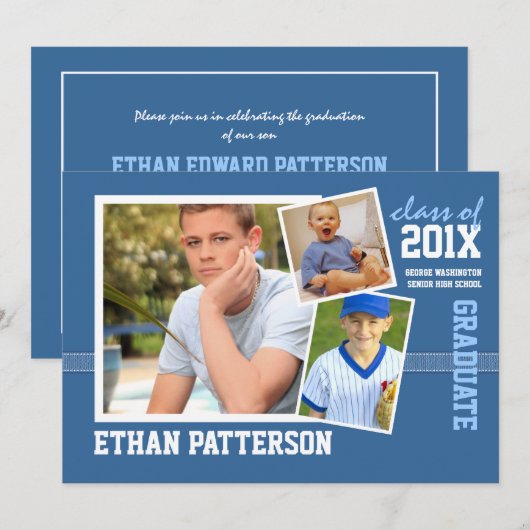 Sporty 3 Foto Afstuderen Aankondiging Blauw wit (Voorkant / Achterkant)