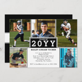 Sporty 5-Photo Black White Afstuderen Invitation Aankondiging