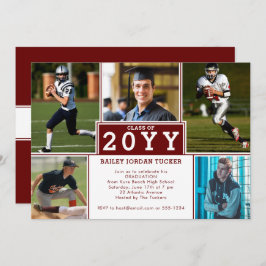 Sporty 5-Photo Burgundy Red Afstuderen Invitation Aankondiging