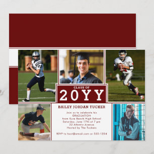 Sporty 5-Photo Burgundy Red Afstuderen Invitation Aankondiging