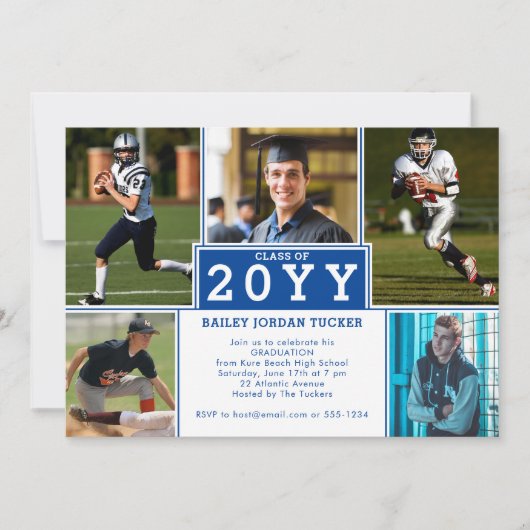 Sporty 5-Photo Deep Blue Afstuderen Invitation Aankondiging (Voorkant)