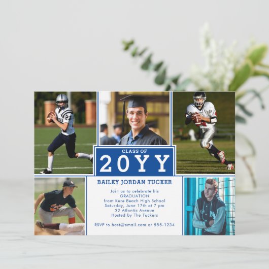 Sporty 5-Photo Deep Blue Afstuderen Invitation Aankondiging (Staand voorkant)