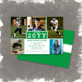 Sporty 5-Photo Green White Afstuderen Invitation Aankondiging
