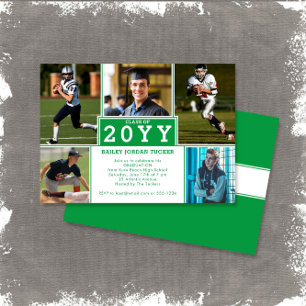 Sporty 5-Photo Green White Afstuderen Invitation Aankondiging