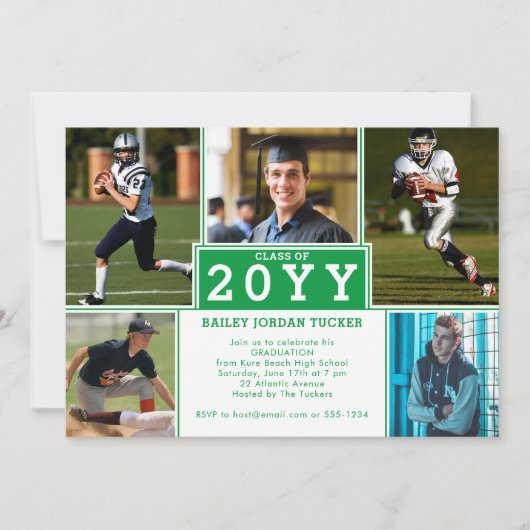 Sporty 5-Photo Green White Afstuderen Invitation Aankondiging (Voorkant)