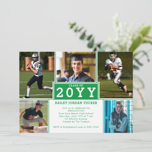 Sporty 5-Photo Green White Afstuderen Invitation Aankondiging (Staand voorkant)