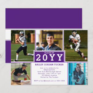 Sporty 5-Photo Paars White Afstuderen Invitation Aankondiging
