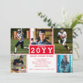 Sporty 5-Photo Red White Afstuderen Invitation Aankondiging (Staand voorkant)