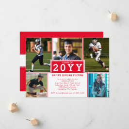 Sporty 5-Photo Red White Afstuderen Invitation Aankondiging