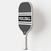 Sporty Black Dark Grey White Racing Stripes Text Pickleball Paddle (Links)