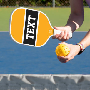 Sporty Black White Center Yellow Blue Stripes Text Pickleball Paddle