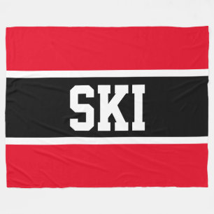 Sporty Bold Black White Bright Red SKI Stripes Fleece Deken