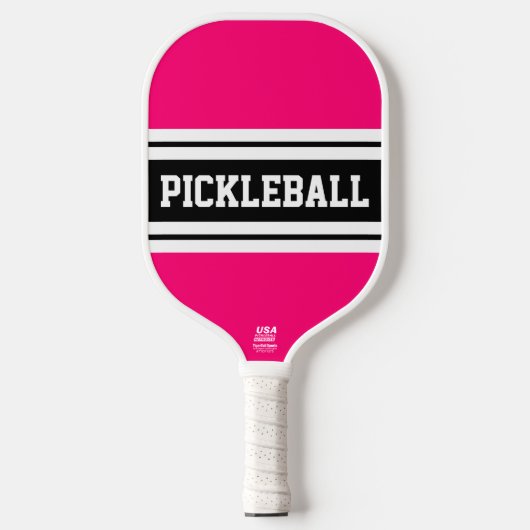 Sporty Bold Pink White Racing Stripes Text Pickleball Paddle (Voorkant)