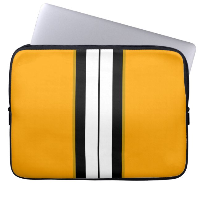 Sporty Bold Yellow Split White Black racing Stripe Laptop Sleeve (Voorkant)