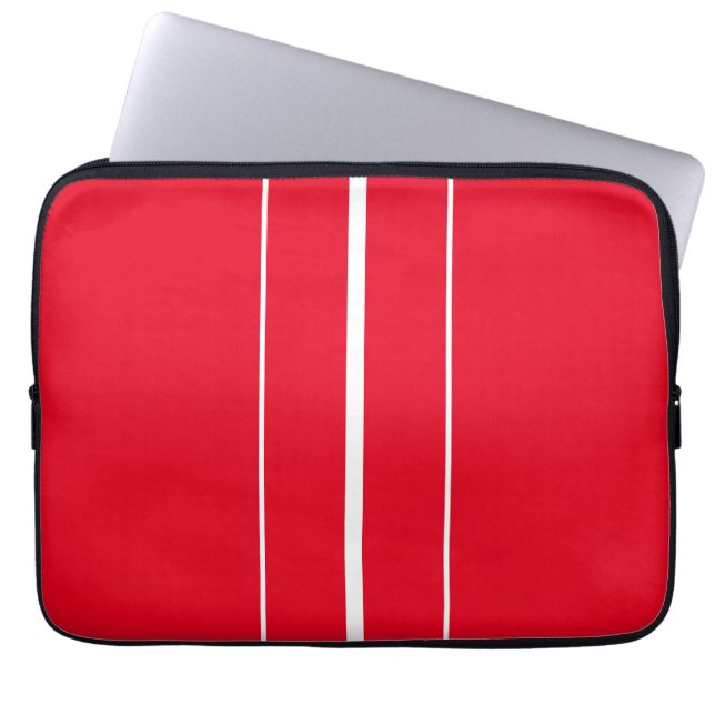 Sporty Bright Red White Vertical Racing Stripes Laptop Sleeve (Voorkant)