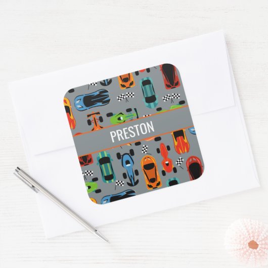 Sporty Colorful Racing Cars Kinder Vierkante Sticker (Envelop)