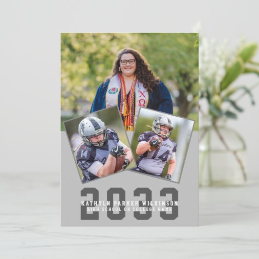 Sporty Girl Modern Bold Script 4 Foto Afstuderen Aankondiging (Staand voorkant)