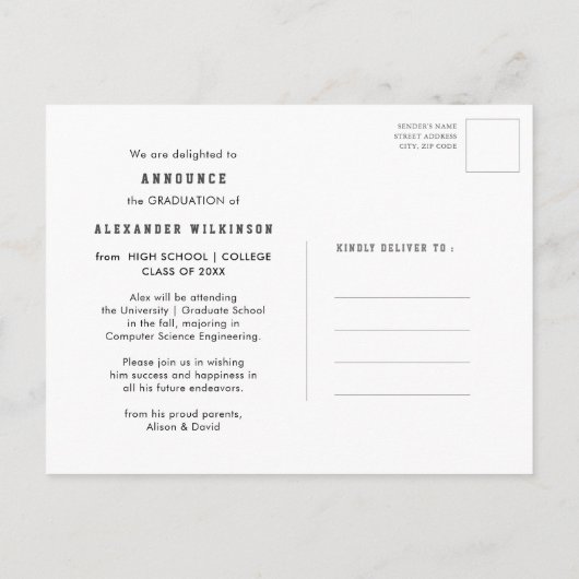 Sporty Guy Modern Bold Script 3 Foto Afstuderen Aankondigingskaart (Achterkant)