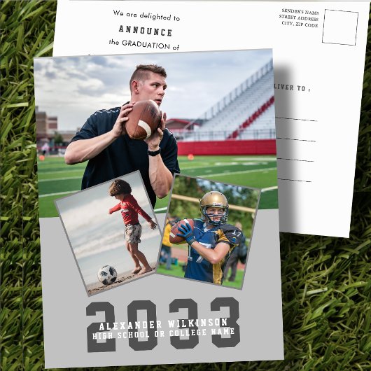 Sporty Guy Modern Bold Script 3 Foto Afstuderen Aankondigingskaart