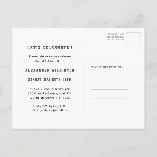 Sporty Guy Modern Bold Script 3 Foto Afstuderen Uitnodiging Briefkaart (Achterkant)