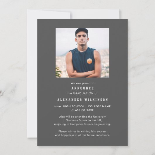 Sporty Guy Modern Bold Script 4 Foto Afstuderen Aankondiging (Achterkant)