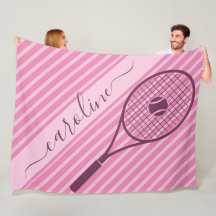 Sporty Pink Striped Tennis Racket & Ball Name Cute