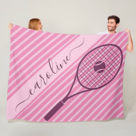 Sporty Pink Striped Tennis Racket & Ball Name Cute Fleece Deken