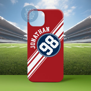 Sporty Red, White en Blue Stripes Name Number iPhone 15 Mini Hoesje