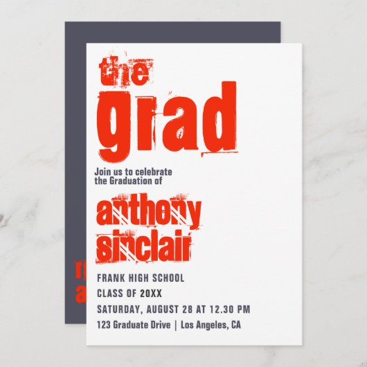 Sporty Scarlet en Gray Typography Afstudeerder Fot Kaart (Voorkant / Achterkant)