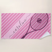 Sporty Striped Pink Tennis Racket Ball Girl's Name Strandlaken (Voorkant)