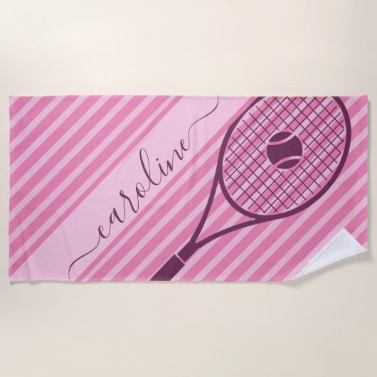 Sporty Striped Pink Tennis Racket Ball Girl's Name Strandlaken (Voorkant)