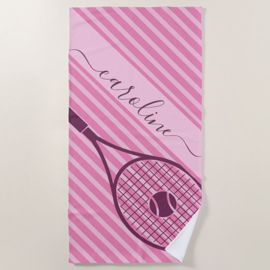 Sporty Striped Pink Tennis Racket Ball Girl's Name Strandlaken (Voorkant)