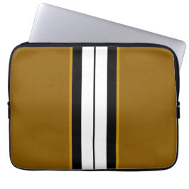 Sporty Warm Brown Split White Black Racing Stripes Laptop Sleeve