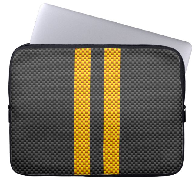 Sporty Yellow Racing Stripes Carbon Fibre Style Laptop Sleeve (Voorkant)