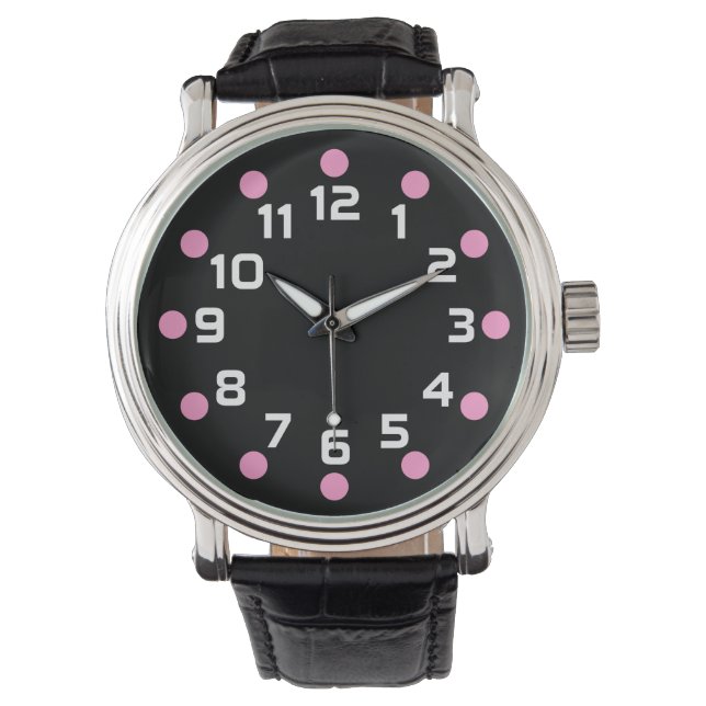 Spot markers - Roze en wit op zwart Horloge (Voorkant)