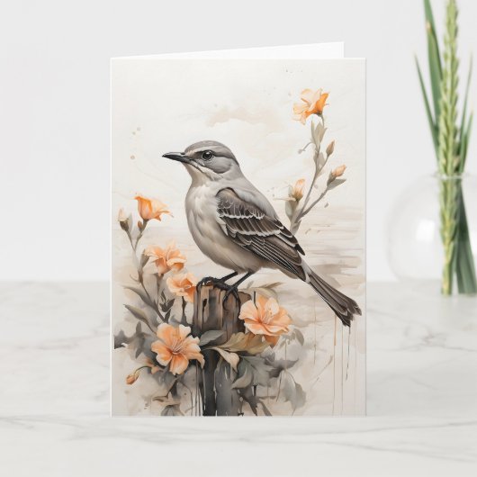 Spotlijster Rustend Tussen Bloemen Wit Kaart (Voorkant)