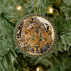 Spotted Bright green eye leopard kijkt naar u Keramisch Ornament