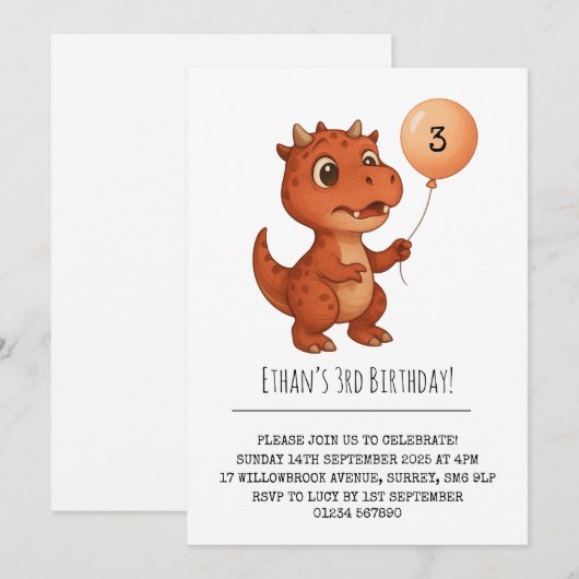 Spotted Red Dino with Peach Balloon Birthday Kaart (Voorkant / Achterkant)