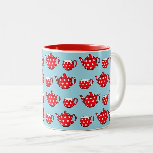 Spotty Red Teapot and Cups Pattern on Blue Tweekleurige Koffiemok (Voorkant rechts)
