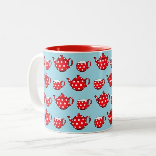 Spotty Red Teapot and Cups Pattern on Blue Tweekleurige Koffiemok (Voorkant links)