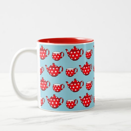 Spotty Red Teapot and Cups Pattern on Blue Tweekleurige Koffiemok (Links)