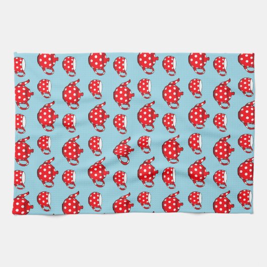 Spotty Red Teapot and Cups Pattern  Theedoek (Horizontaal)